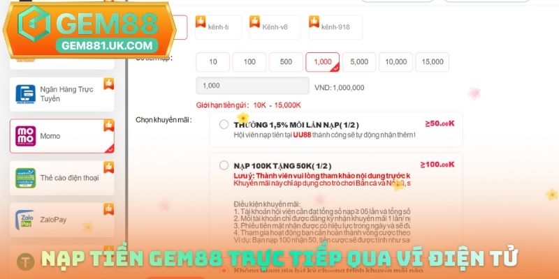 Nạp tiền GEM88 trực tiếp qua ví điện tử